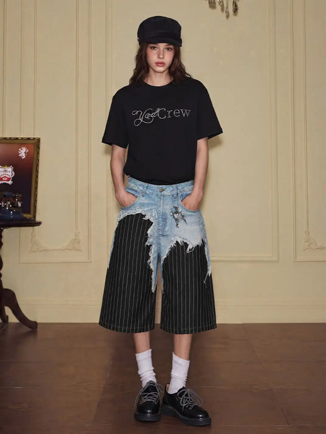 YADcrew | 3D Printed Suit Pants Spliced Ripped Seven-point Jeans