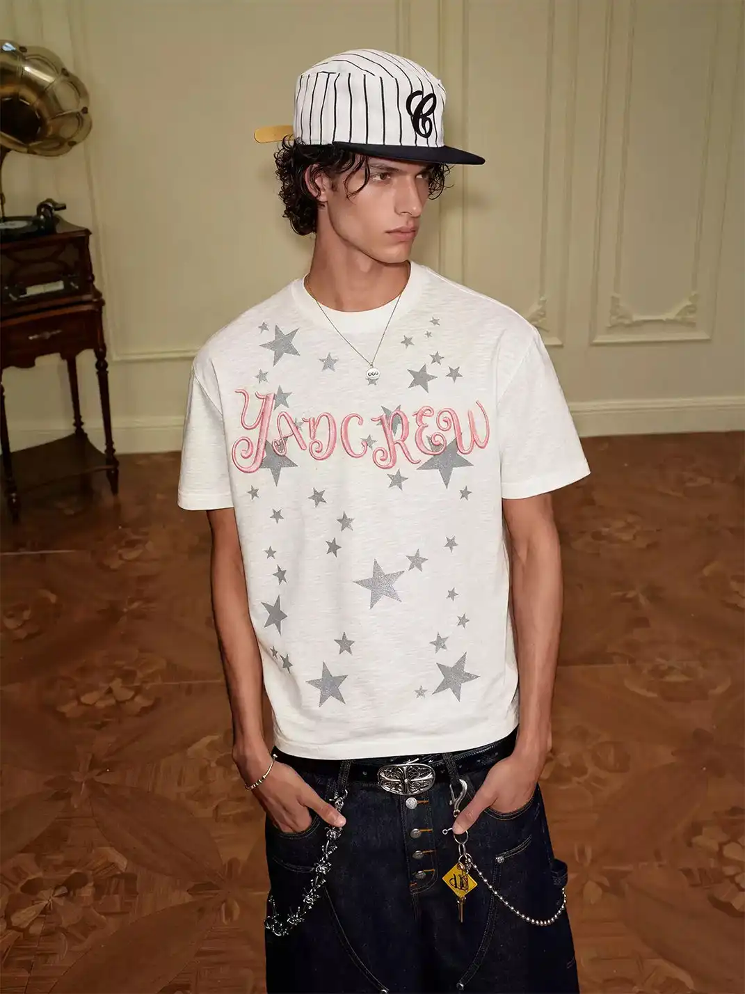 YADcrew | Glitter Star Print 3D Embroidery T-Shirt