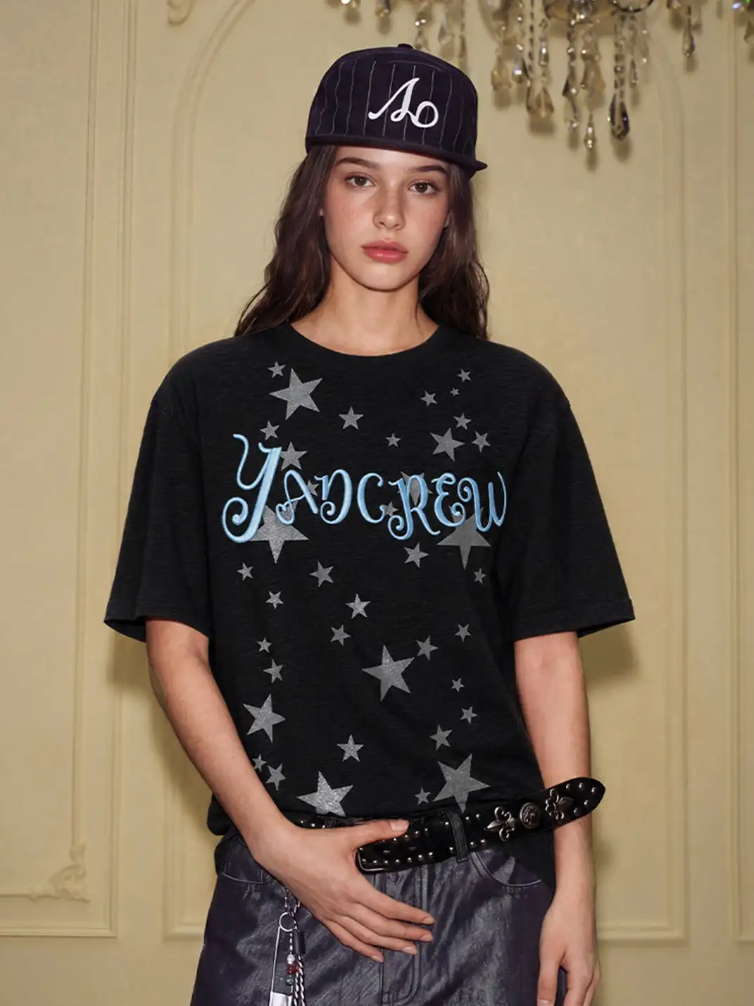 YADcrew | Glitter Star Print 3D Embroidery T-Shirt