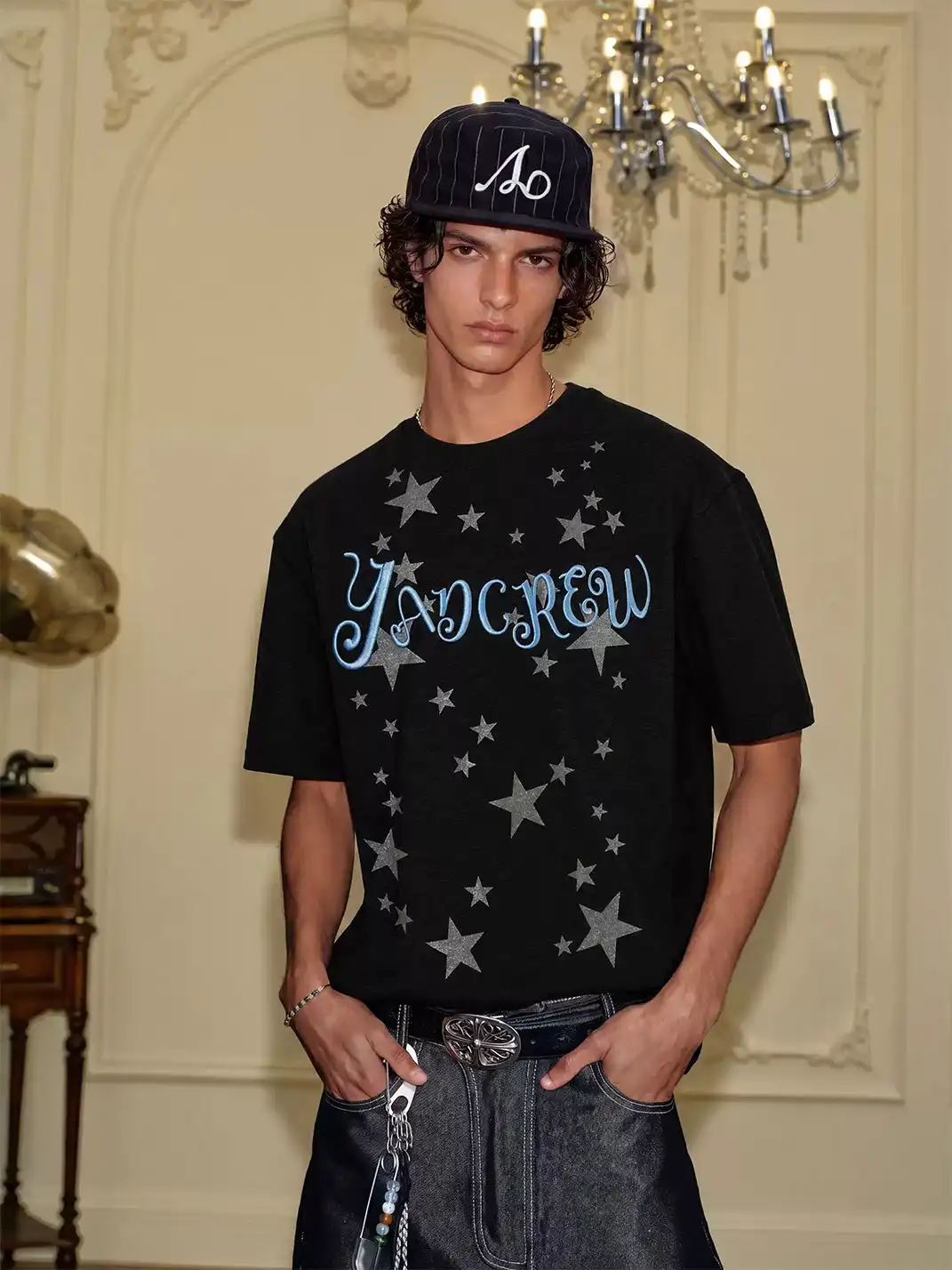 YADcrew | Glitter Star Print 3D Embroidery T-Shirt