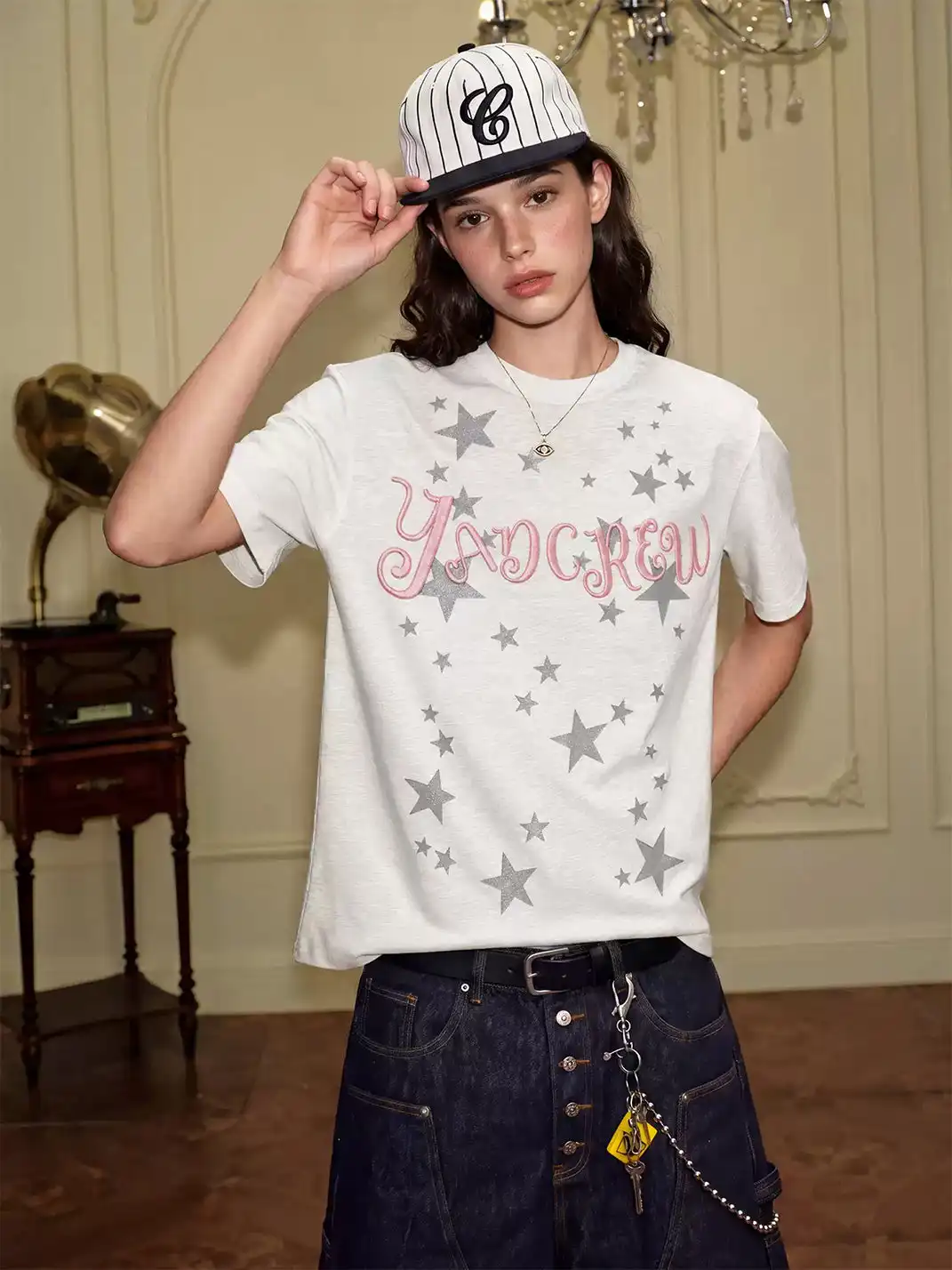YADcrew | Glitter Star Print 3D Embroidery T-Shirt