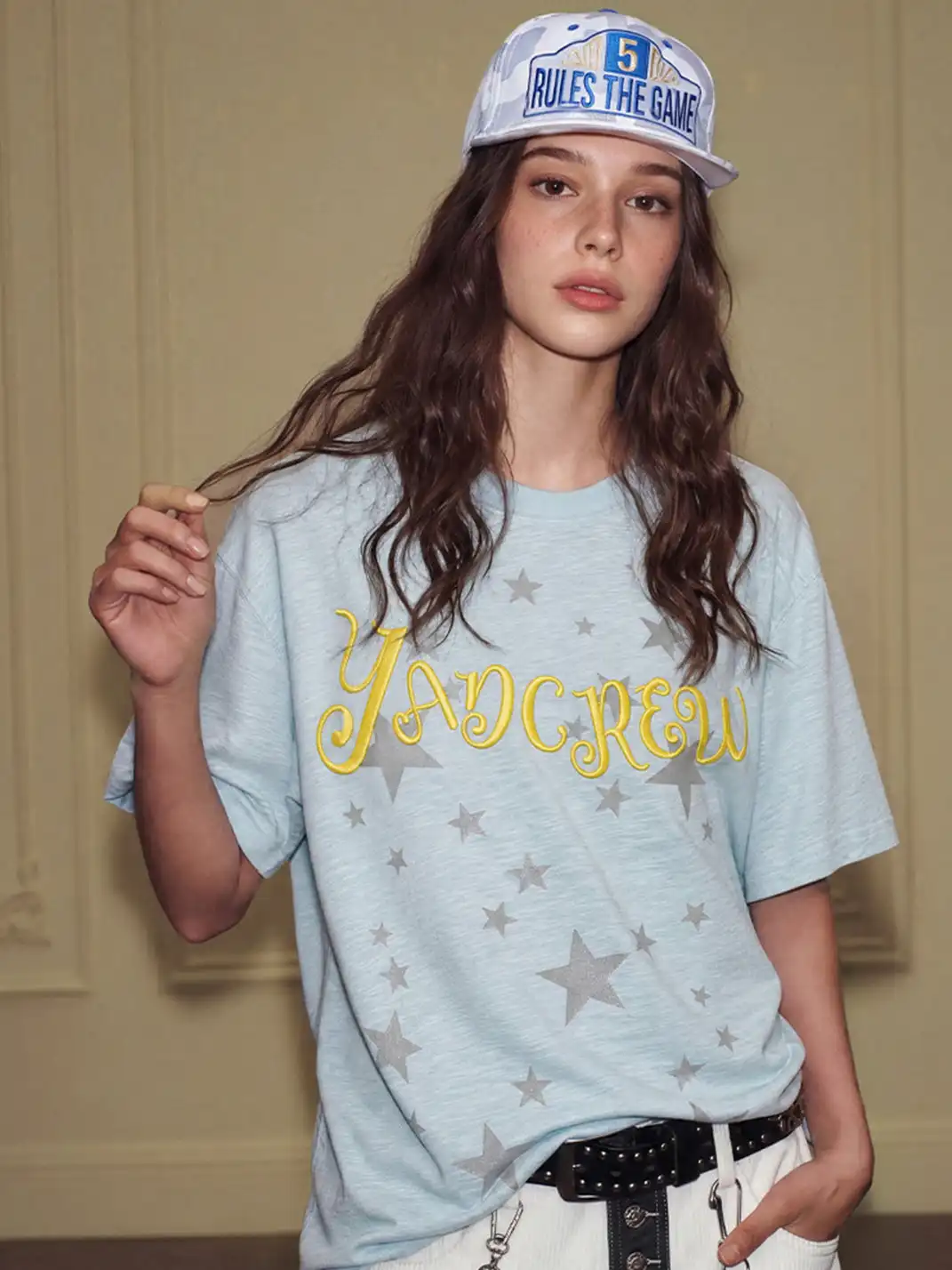 YADcrew | Glitter Star Print 3D Embroidery T-Shirt