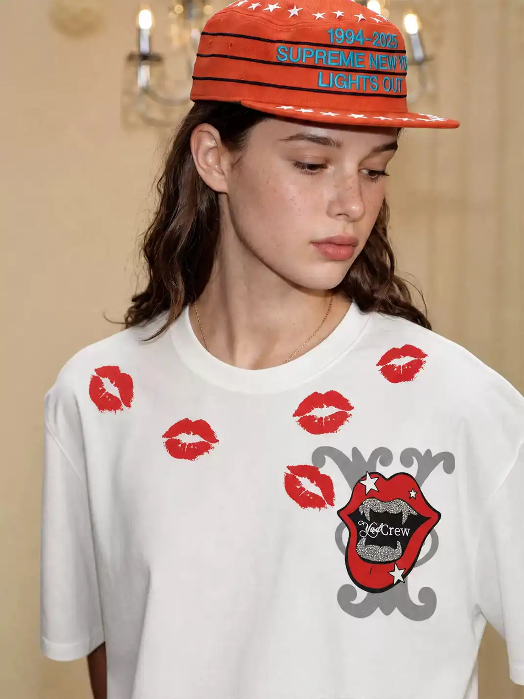 YADcrew | Lip Print Rhinestone Glitter Print T-Shirt