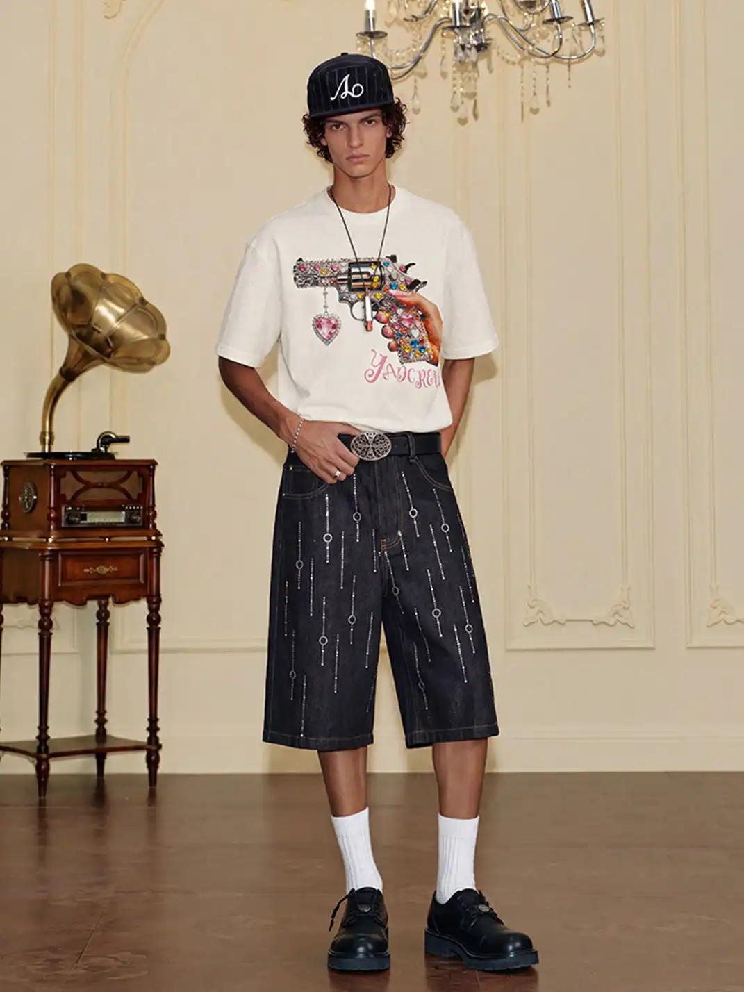 YADcrew | Sweetheart Revolver Rhinestone Digital Printed T-Shirt