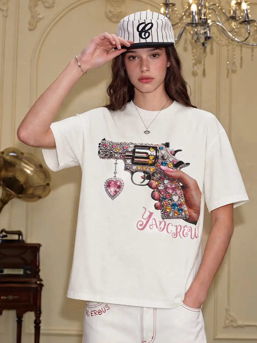 YADcrew | Sweetheart Revolver Rhinestone Digital Printed T-Shirt