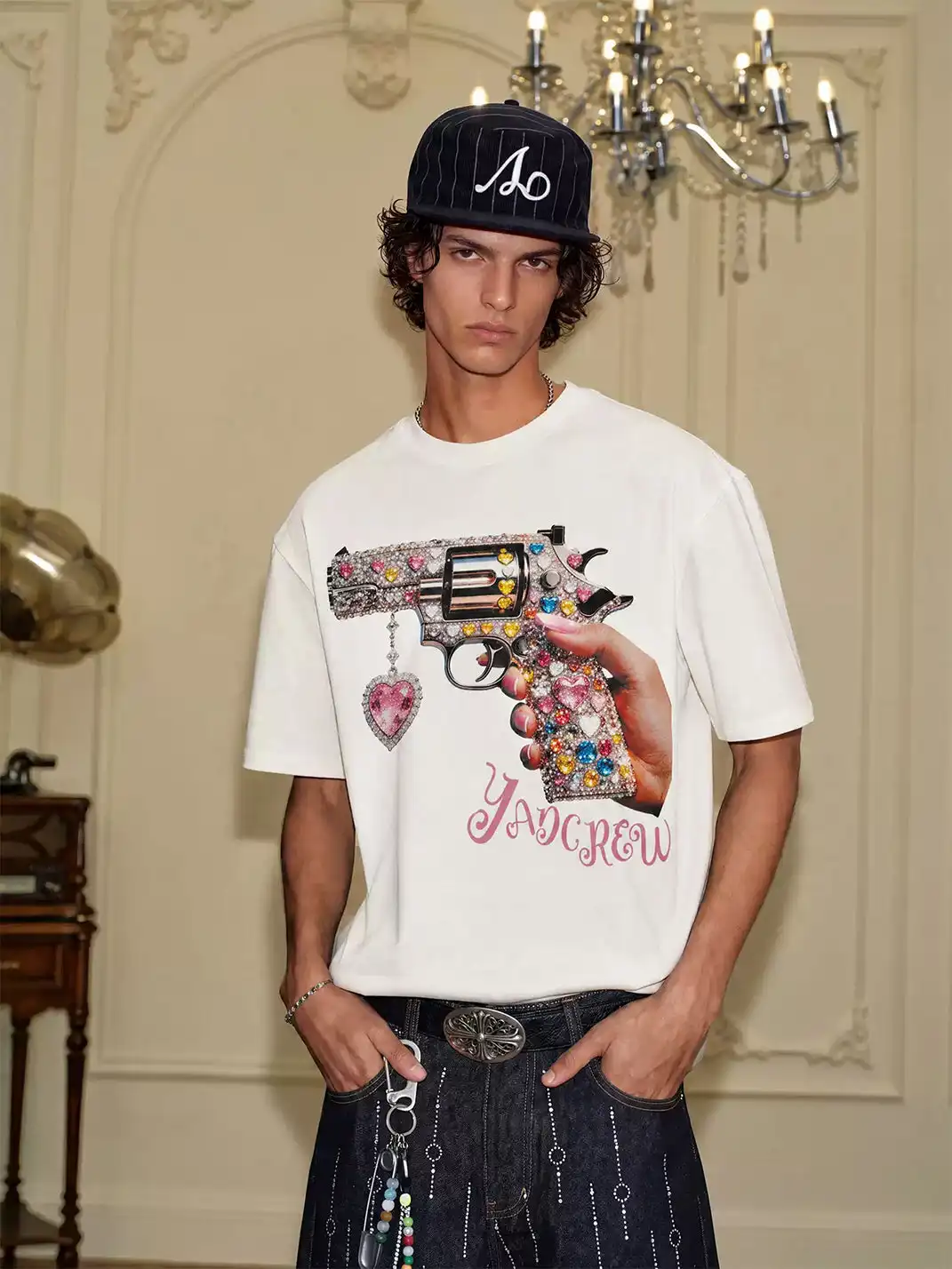 YADcrew | Sweetheart Revolver Rhinestone Digital Printed T-Shirt