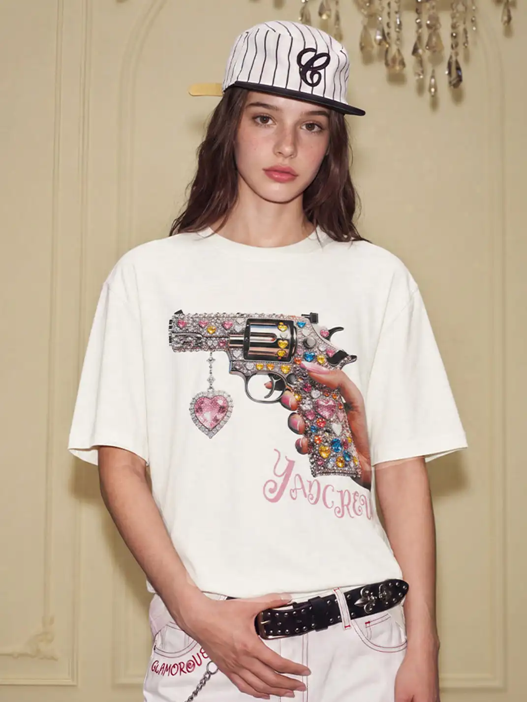 YADcrew | Sweetheart Revolver Rhinestone Digital Printed T-Shirt