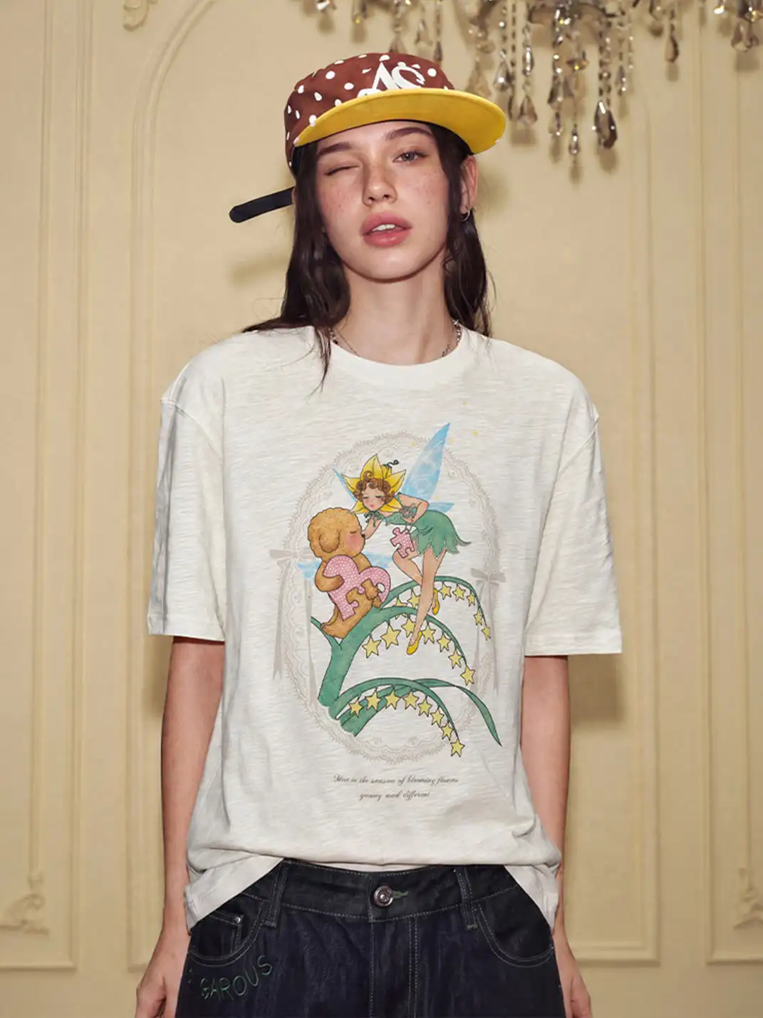 YADcrew | Slub Texture Rhinestone Print T-Shirt