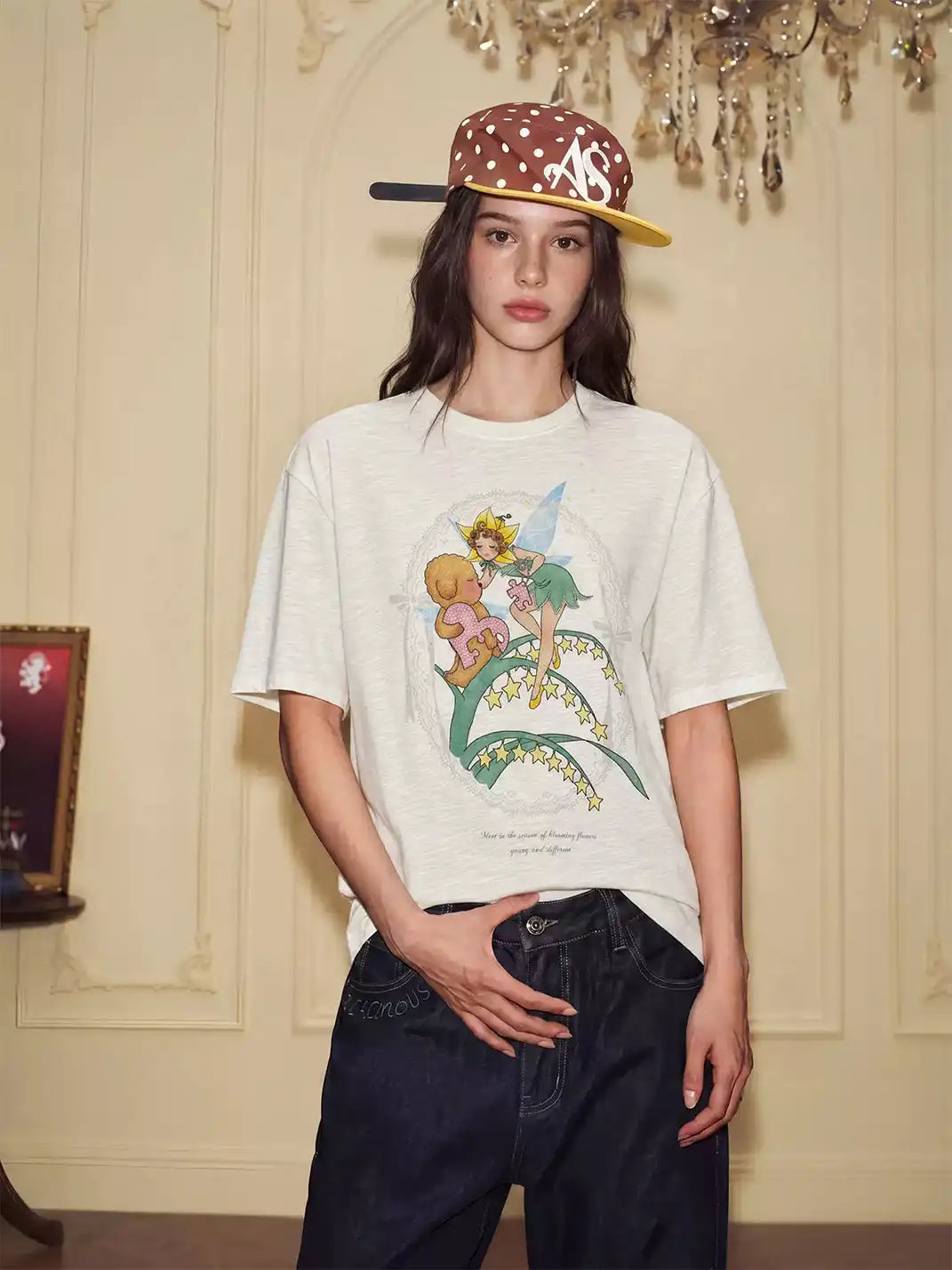 YADcrew | Slub Texture Rhinestone Print T-Shirt