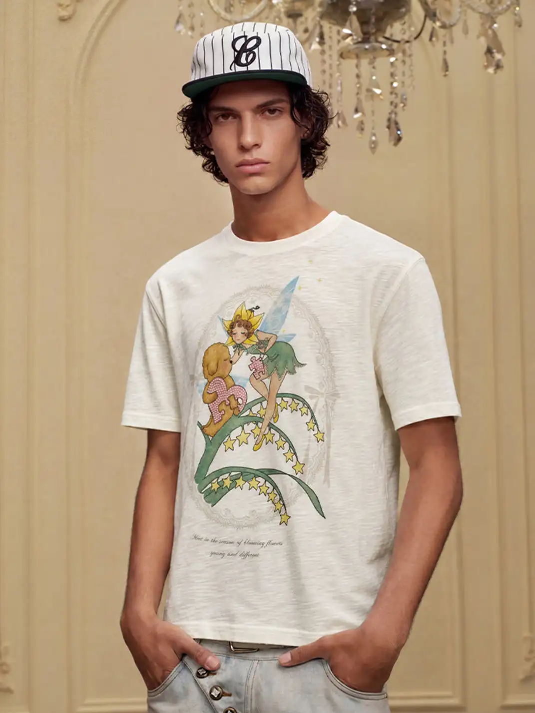 YADcrew | Slub Texture Rhinestone Print T-Shirt