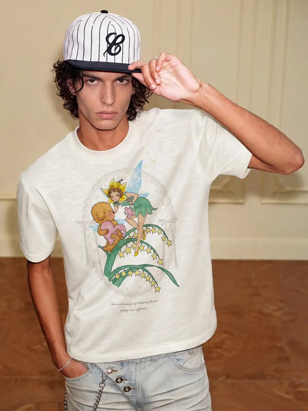 YADcrew | Slub Texture Rhinestone Print T-Shirt