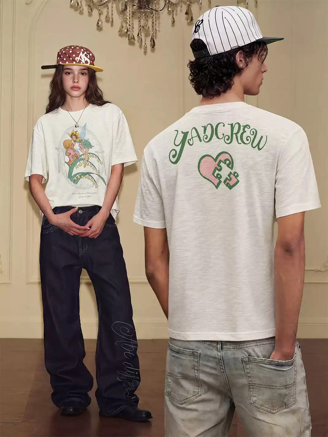 YADcrew | Slub Texture Rhinestone Print T-Shirt
