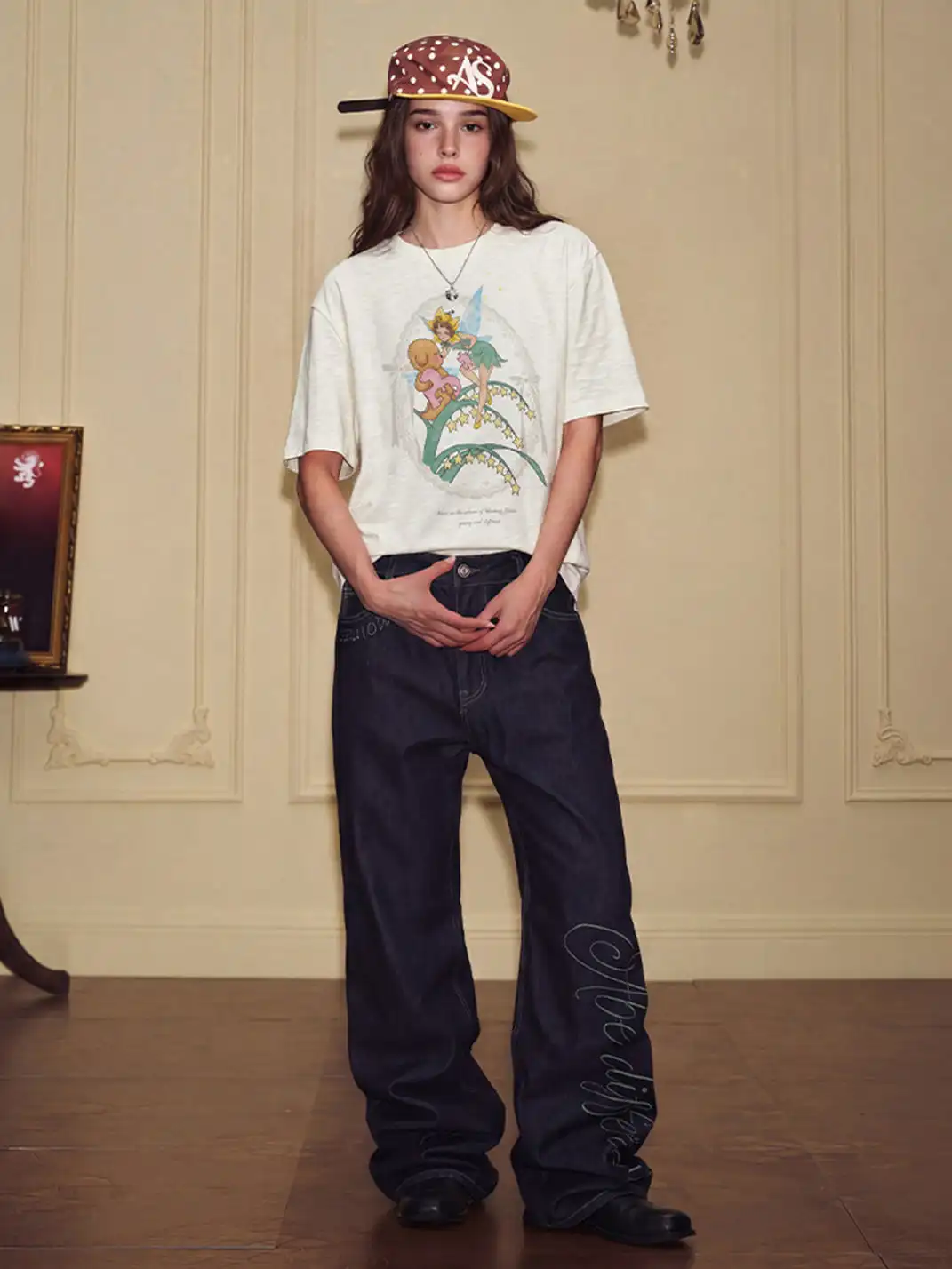 YADcrew | Slub Texture Rhinestone Print T-Shirt