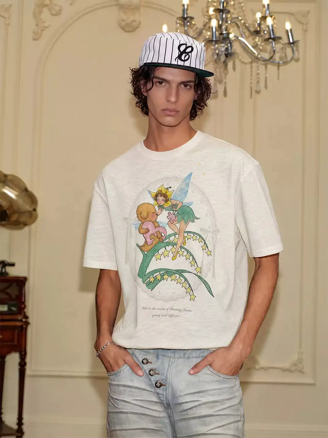 YADcrew | Slub Texture Rhinestone Print T-Shirt