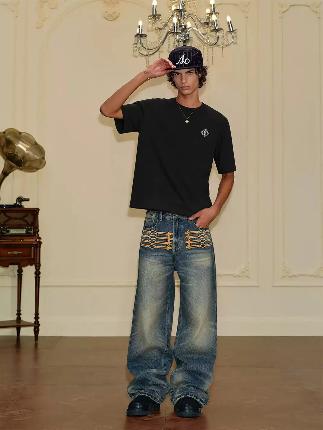 YADcrew | Palace Style Knotted Embroidery Whisker Jeans