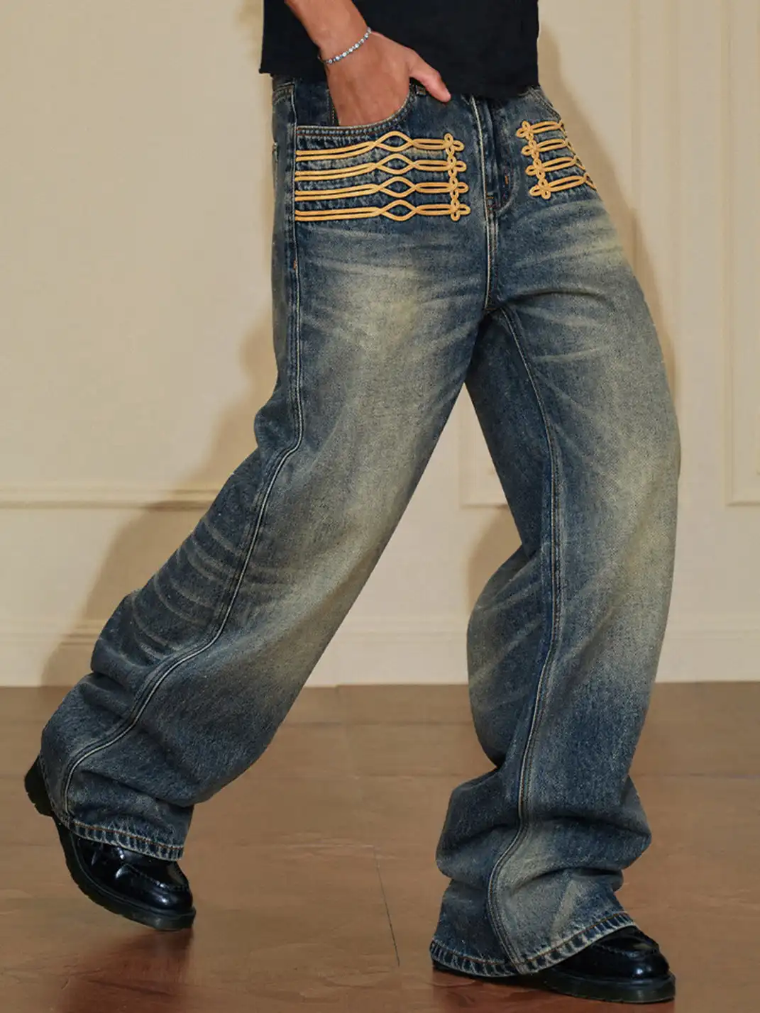 YADcrew | Palace Style Knotted Embroidery Whisker Jeans