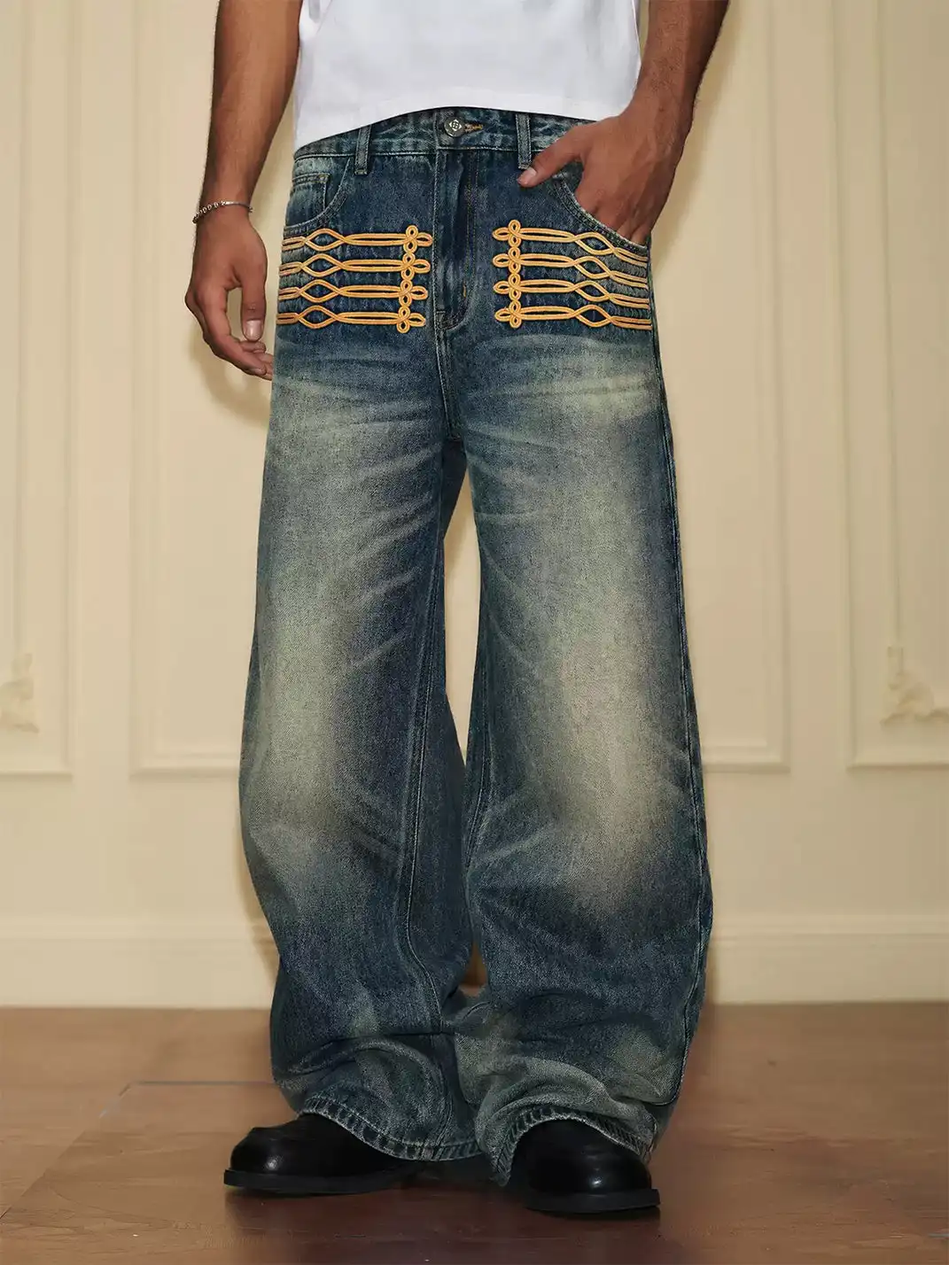 YADcrew | Palace Style Knotted Embroidery Whisker Jeans