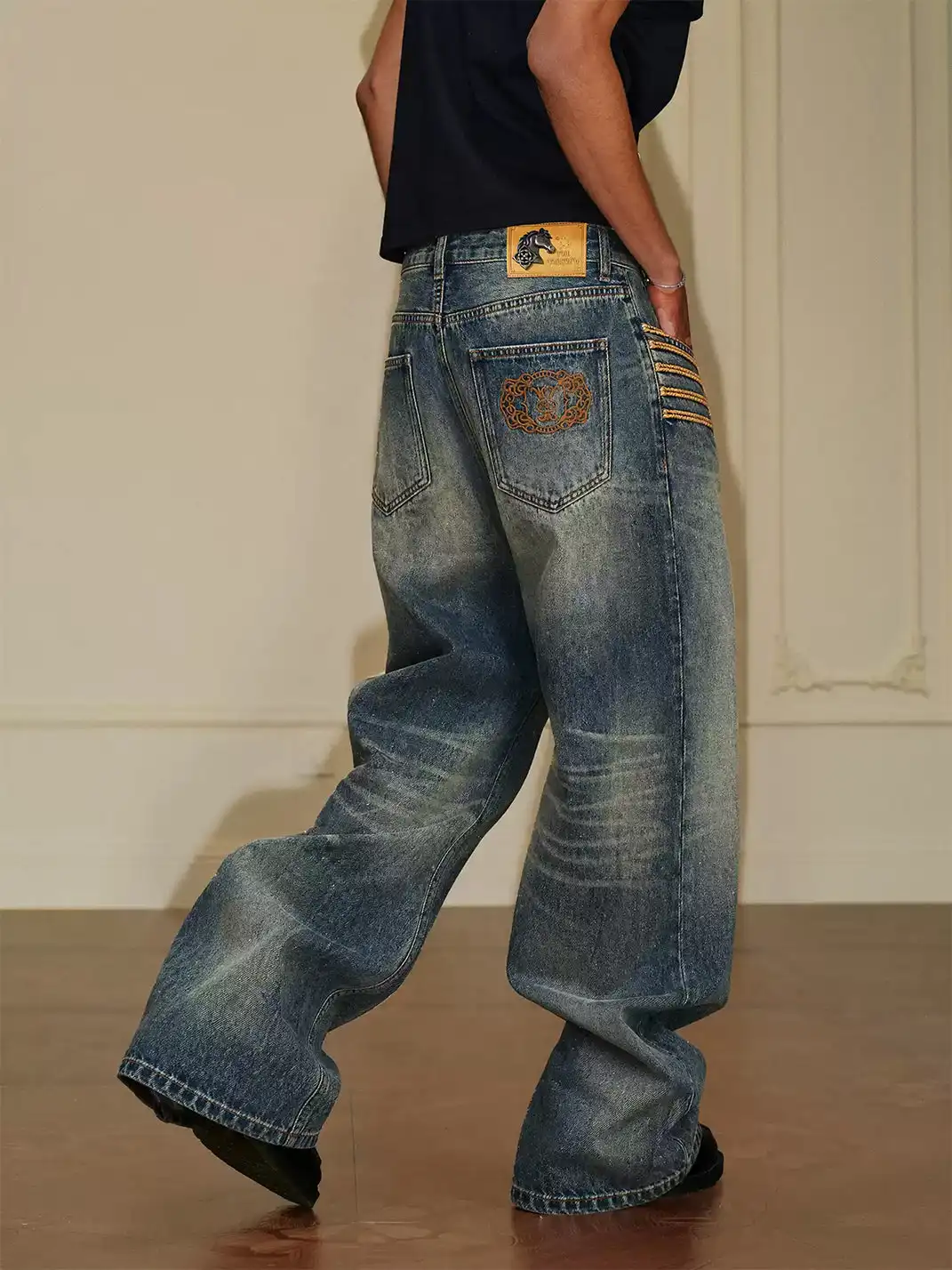 YADcrew | Palace Style Knotted Embroidery Whisker Jeans