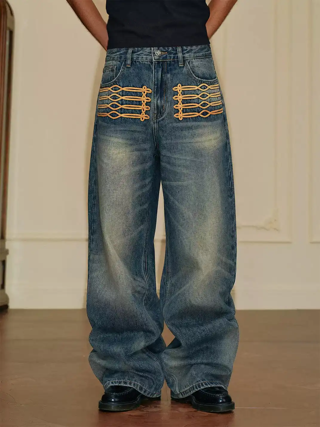 YADcrew | Palace Style Knotted Embroidery Whisker Jeans