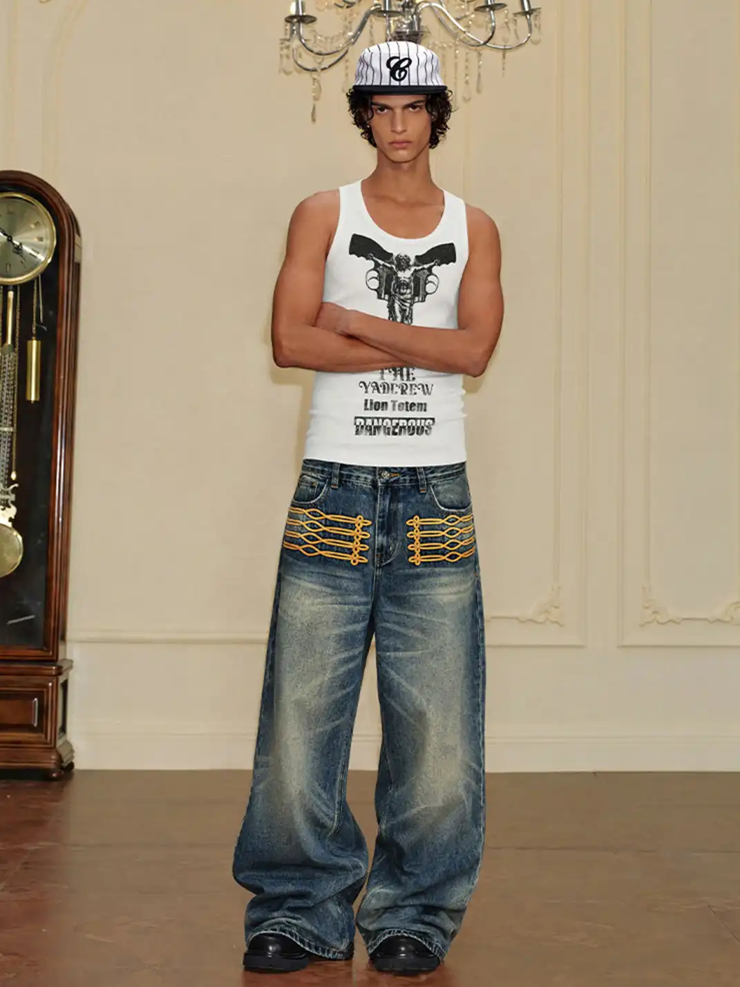 YADcrew | Palace Style Knotted Embroidery Whisker Jeans
