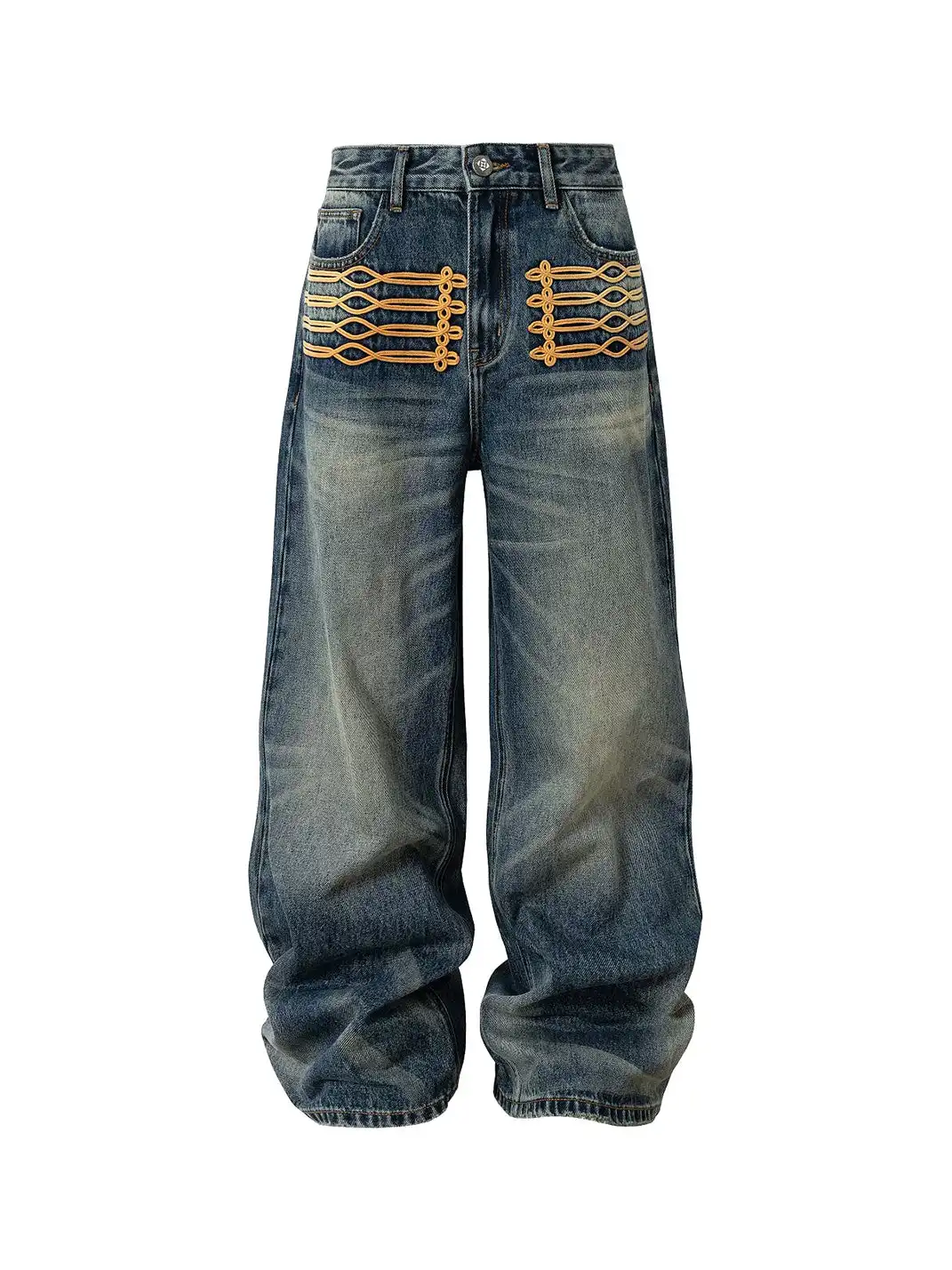 YADcrew | Palace Style Knotted Embroidery Whisker Jeans