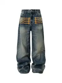 YADcrew | Palace Style Knotted Embroidery Whisker Jeans