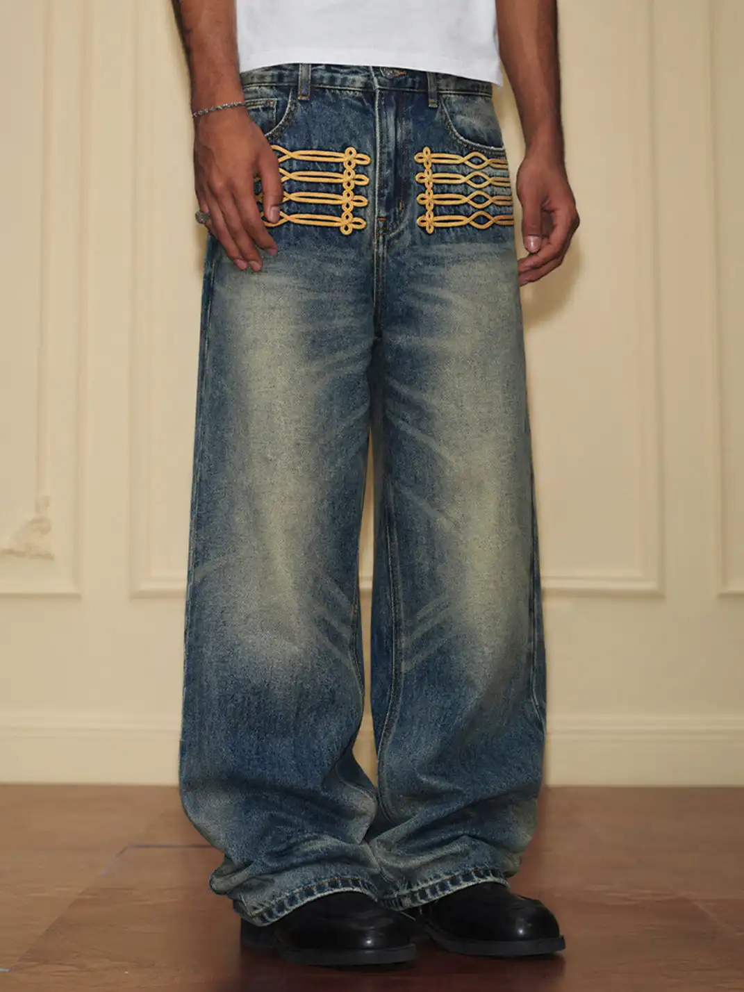 YADcrew | Palace Style Knotted Embroidery Whisker Jeans