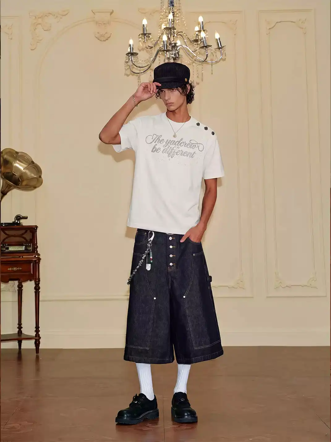 YADcrew | Rose Shoulder Buckle Letter Print T-Shirt