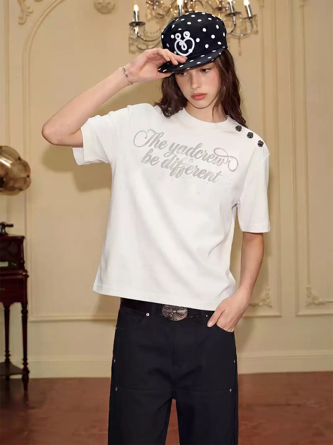 YADcrew | Rose Shoulder Buckle Letter Print T-Shirt