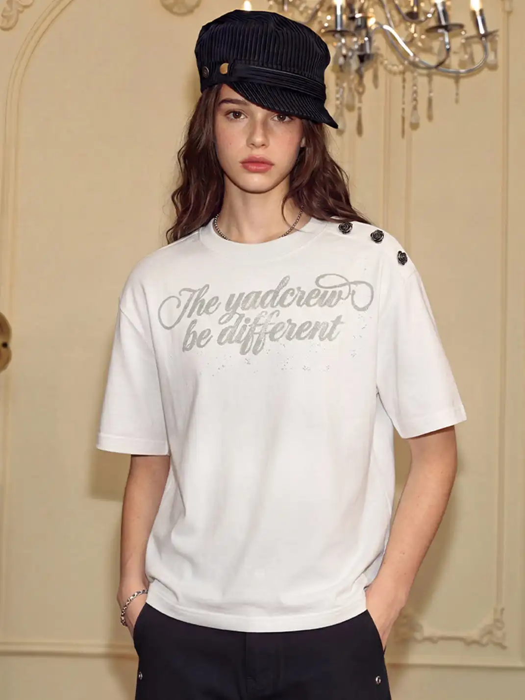 YADcrew | Rose Shoulder Buckle Letter Print T-Shirt