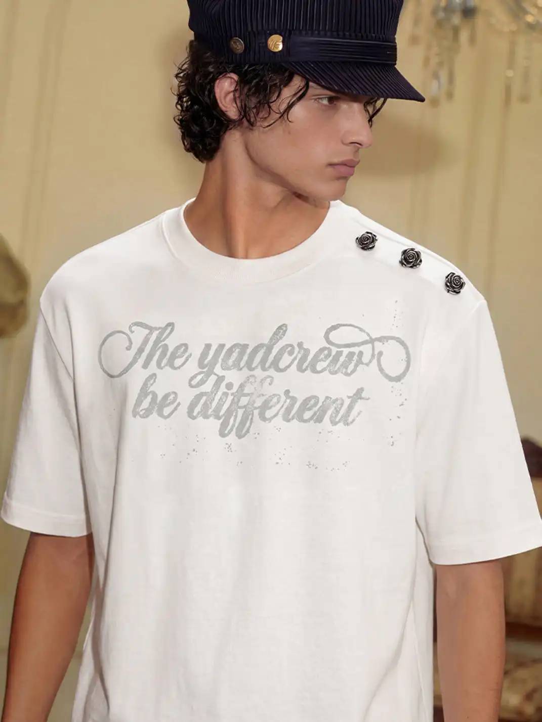 YADcrew | Rose Shoulder Buckle Letter Print T-Shirt