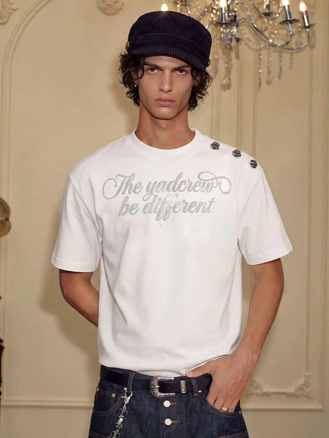 YADcrew | Rose Shoulder Buckle Letter Print T-Shirt