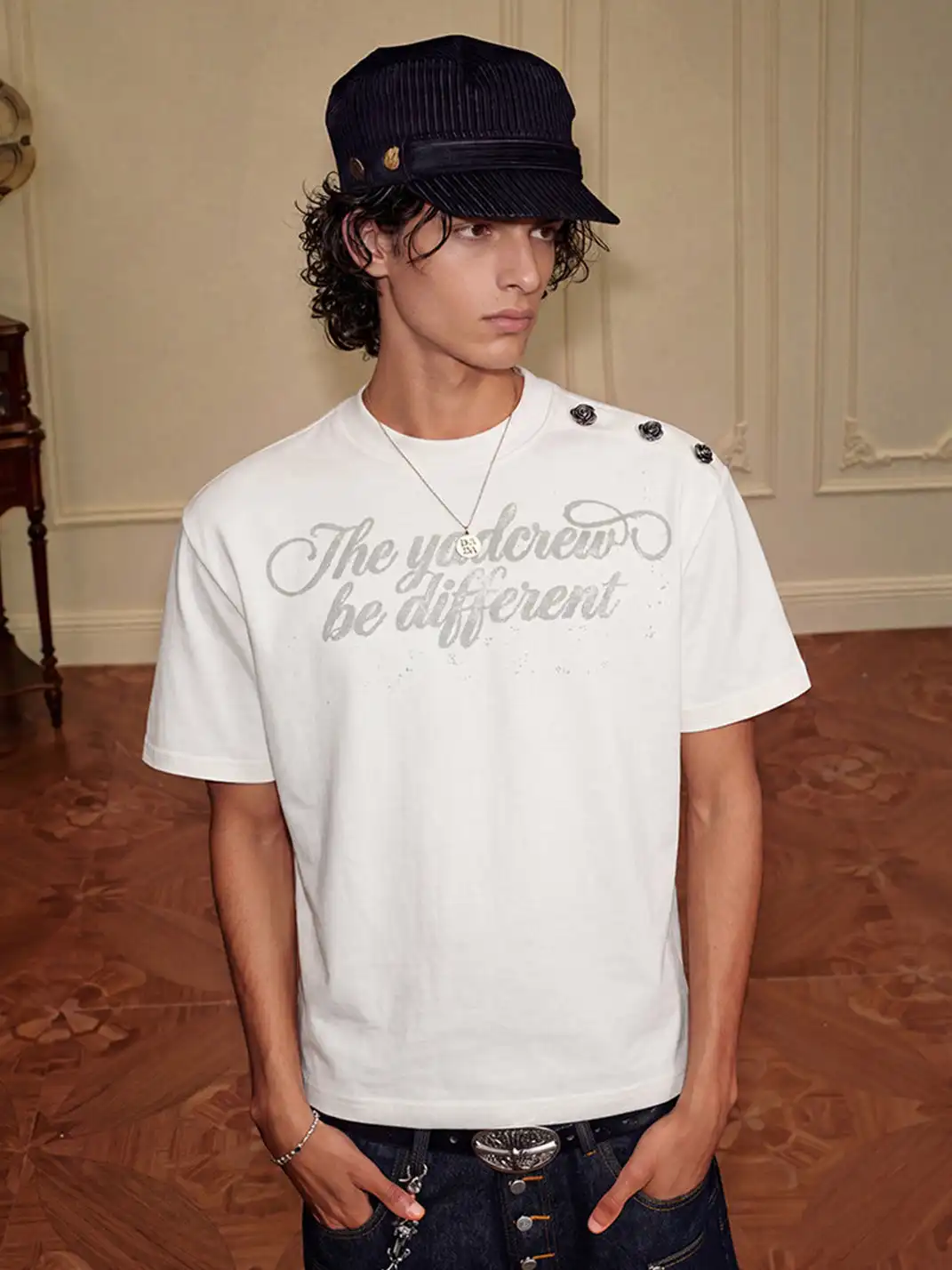 YADcrew | Rose Shoulder Buckle Letter Print T-Shirt