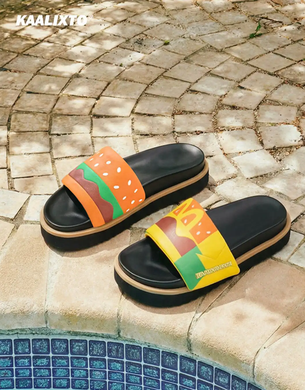 KAALIXTO | Hamburger Print Metal Logo Platform Slide Sandals