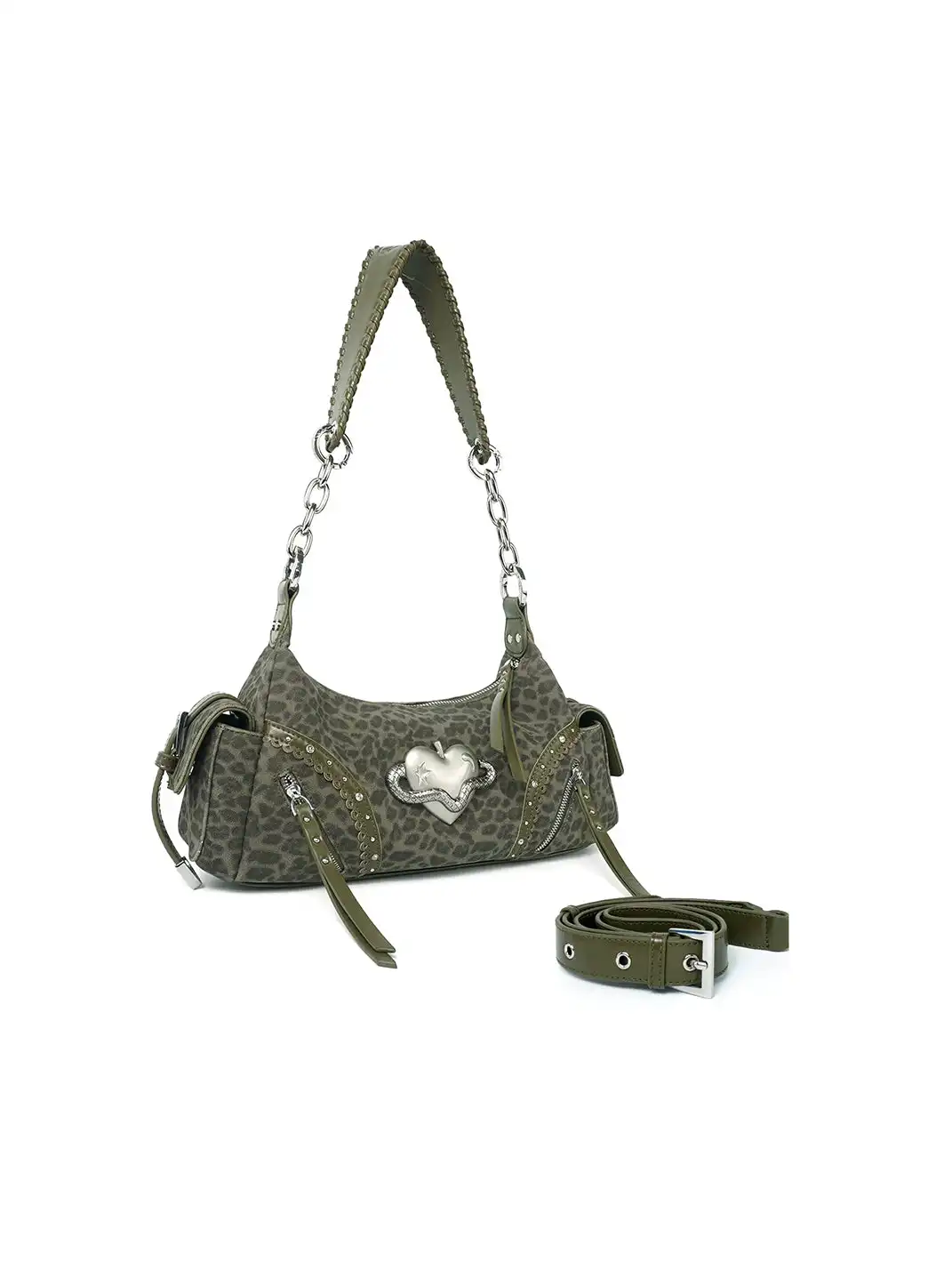 VFVF | Leopard Print Heart Snake Hardware Chain Underarm Shoulder Bag