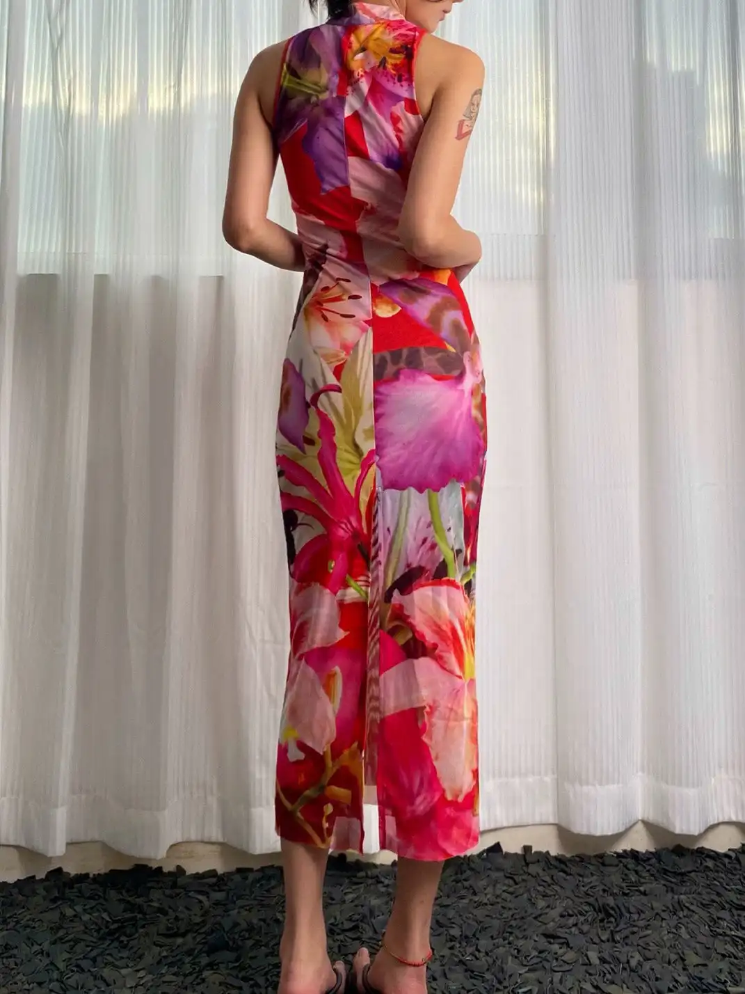 Plump Maiden | Floral Bush Mesh Hollow Out Printed Cheongsam-Red