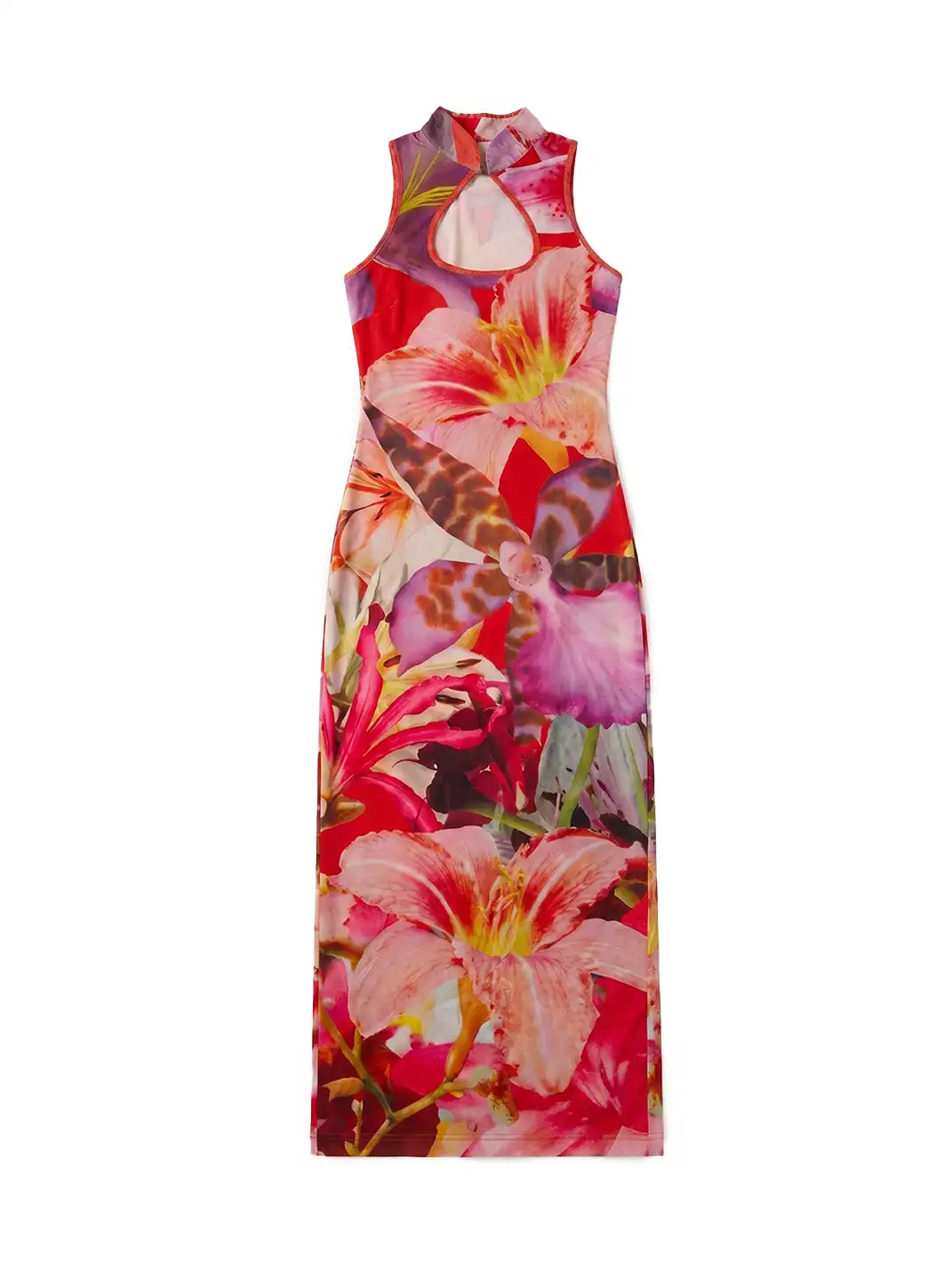 Plump Maiden | Floral Bush Mesh Hollow Out Printed Cheongsam-Red