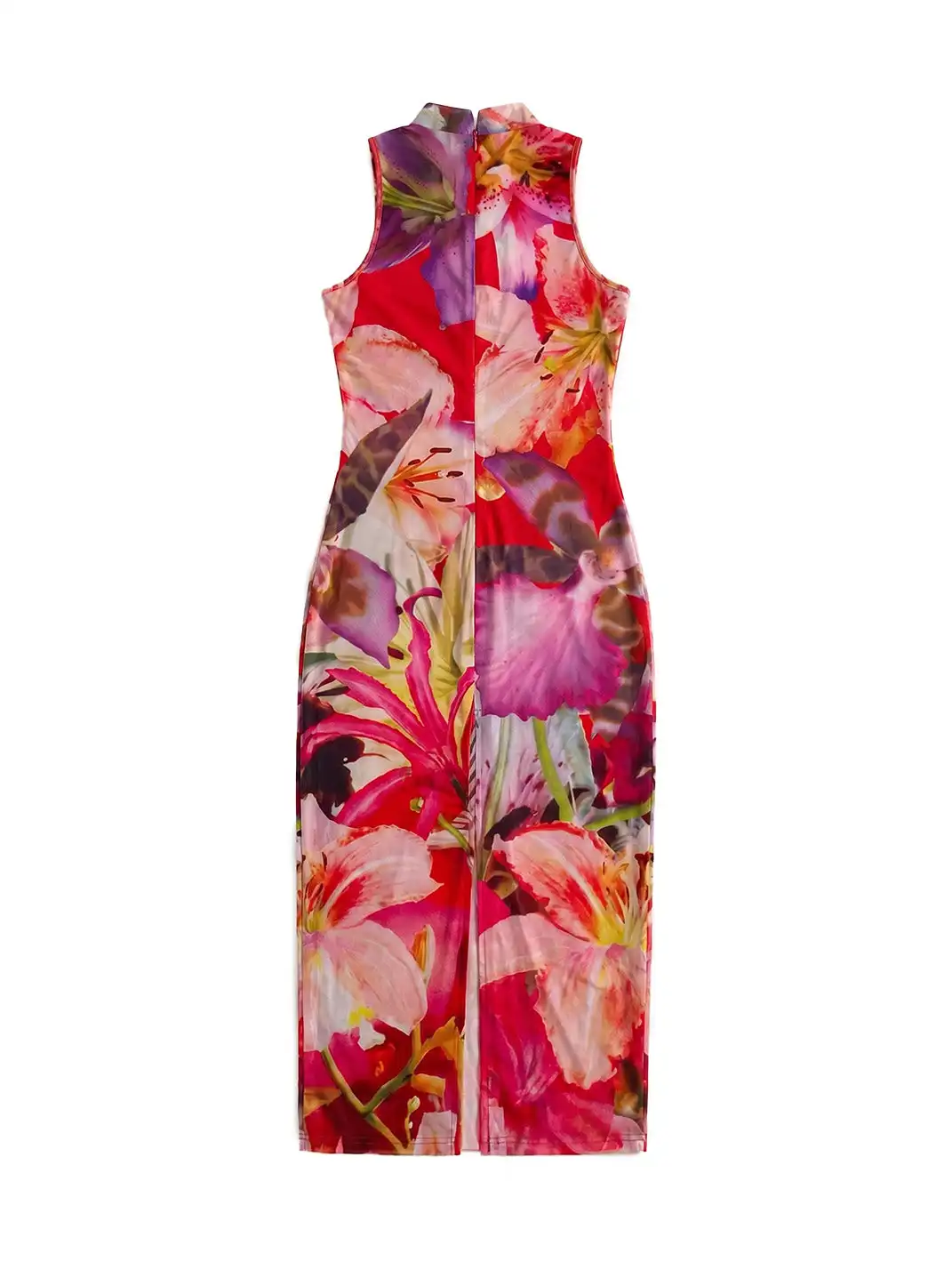 Plump Maiden | Floral Bush Mesh Hollow Out Printed Cheongsam-Red