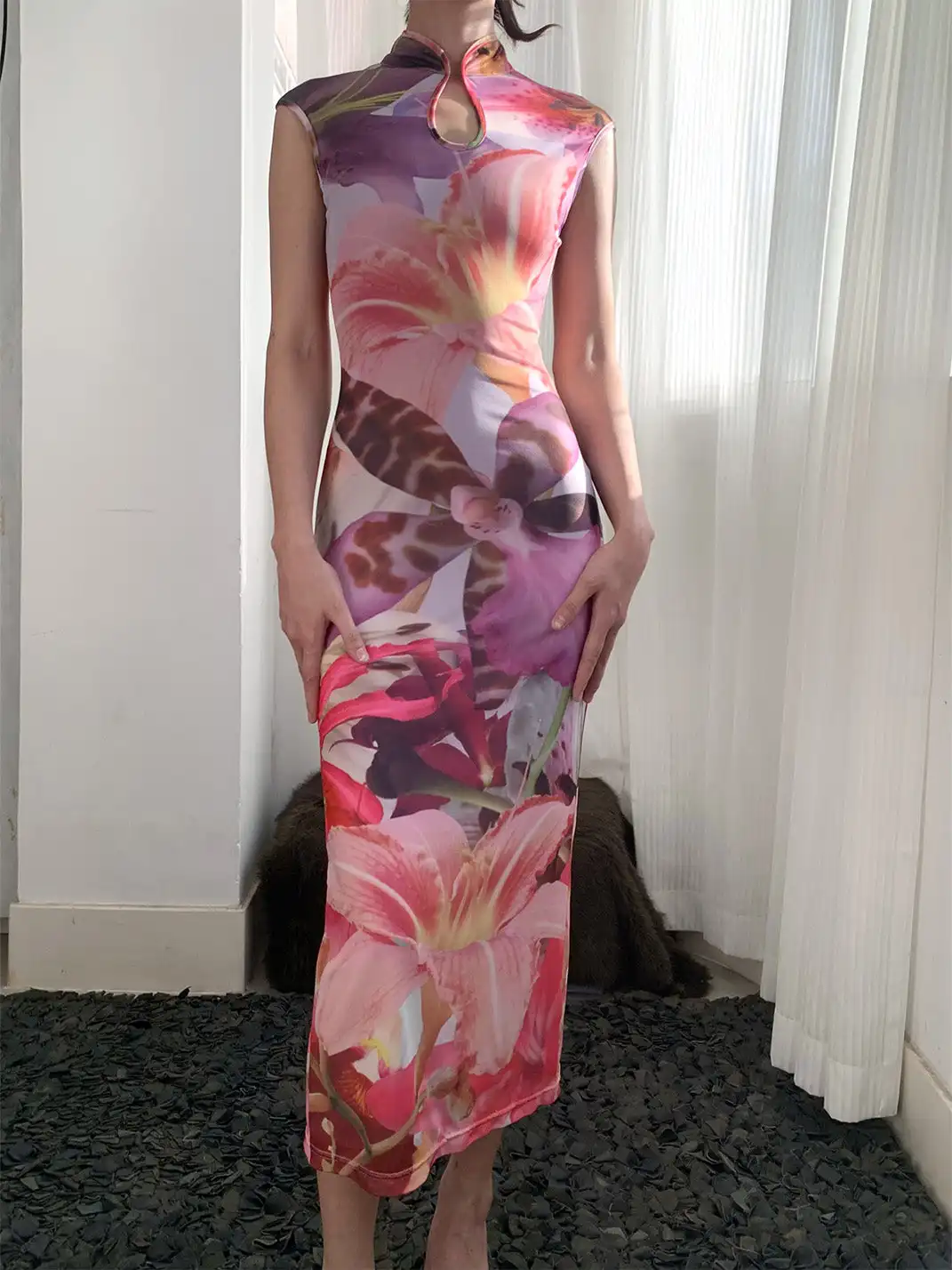 Plump Maiden | Floral Bush Mesh Hollow Out Printed Cheongsam-Purple