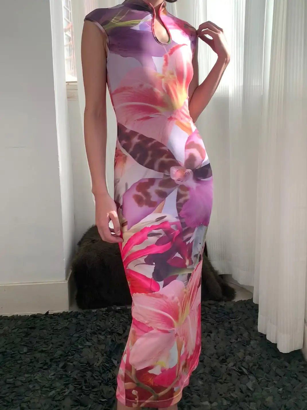 Plump Maiden | Floral Bush Mesh Hollow Out Printed Cheongsam-Purple