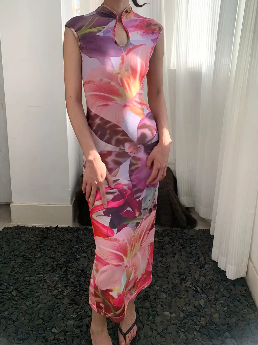 Plump Maiden | Floral Bush Mesh Hollow Out Printed Cheongsam-Purple