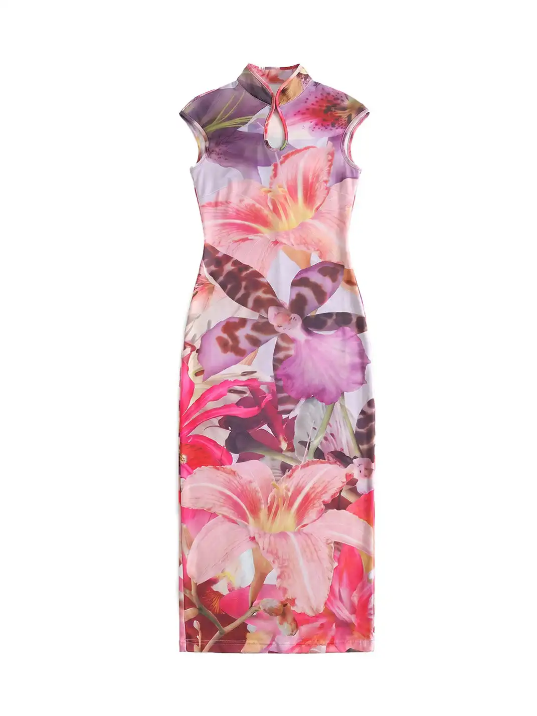 Plump Maiden | Floral Bush Mesh Hollow Out Printed Cheongsam-Purple