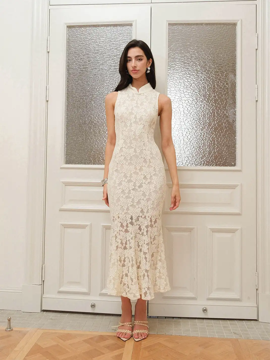 CAPPOW | White Lace Stretch Hollow Out Cheongsam Dress