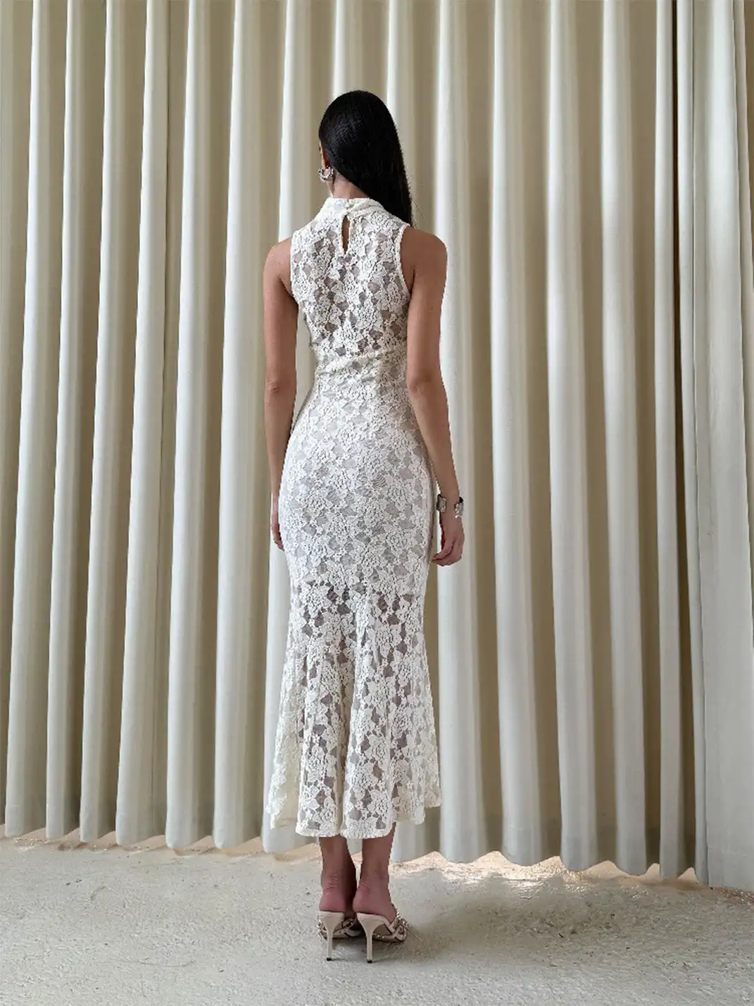 CAPPOW | White Lace Stretch Hollow Out Cheongsam Dress