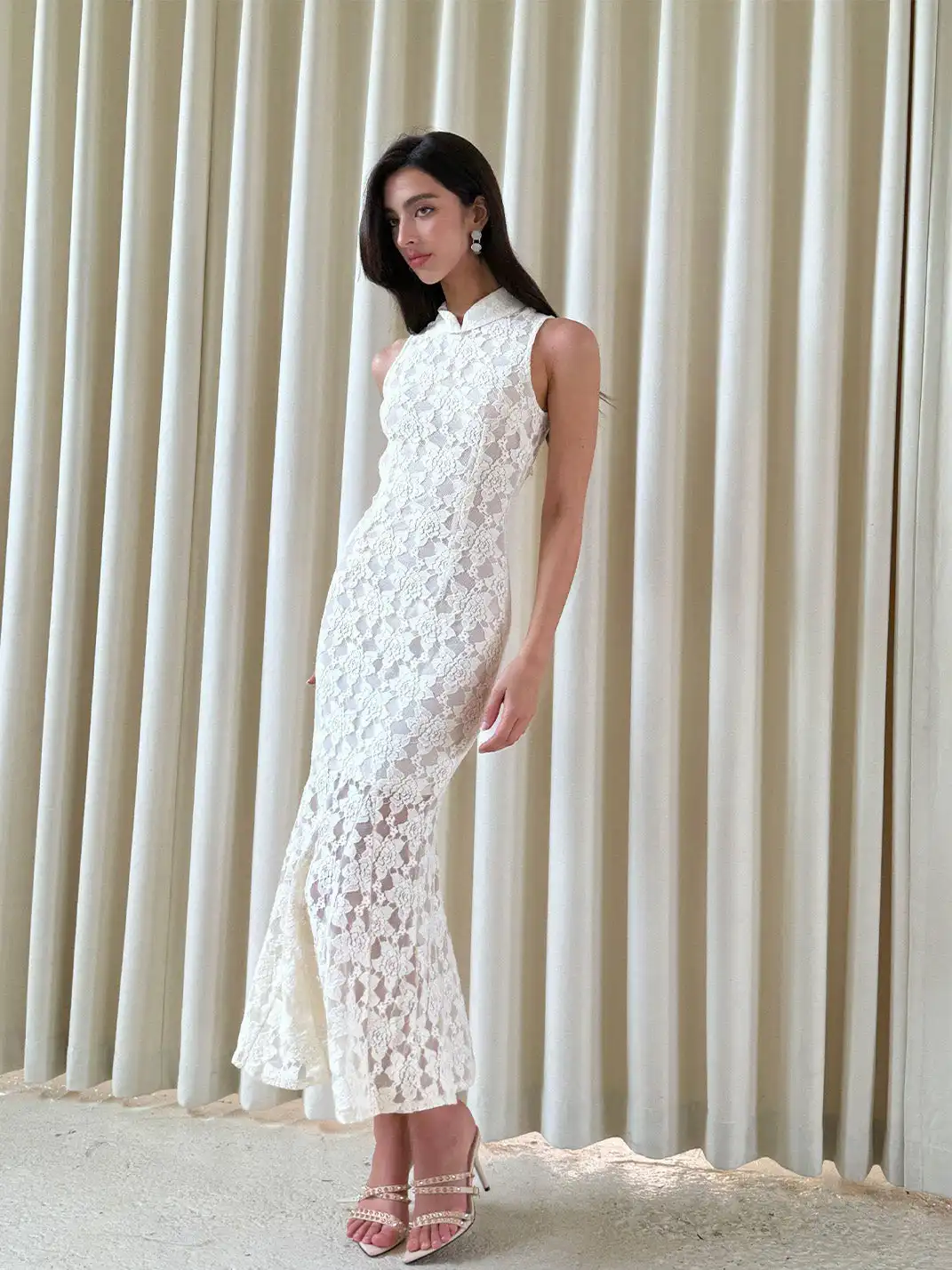 CAPPOW | White Lace Stretch Hollow Out Cheongsam Dress