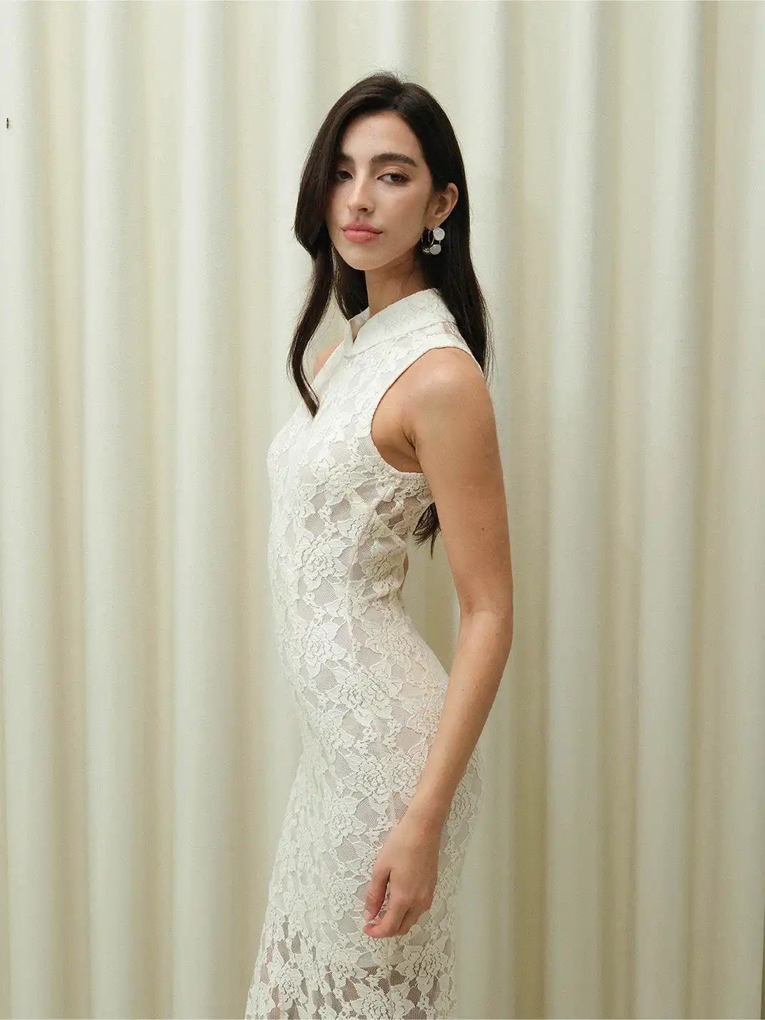 CAPPOW | White Lace Stretch Hollow Out Cheongsam Dress
