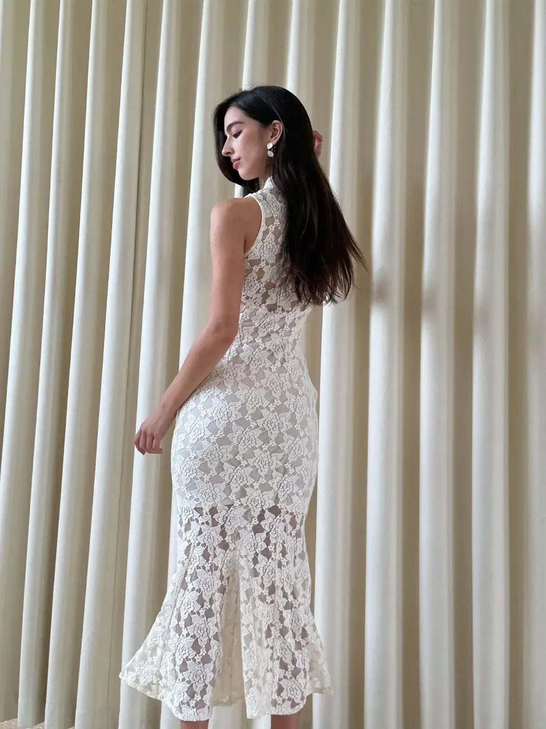 CAPPOW | White Lace Stretch Hollow Out Cheongsam Dress