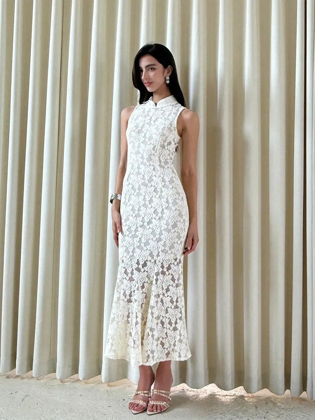 CAPPOW | White Lace Stretch Hollow Out Cheongsam Dress