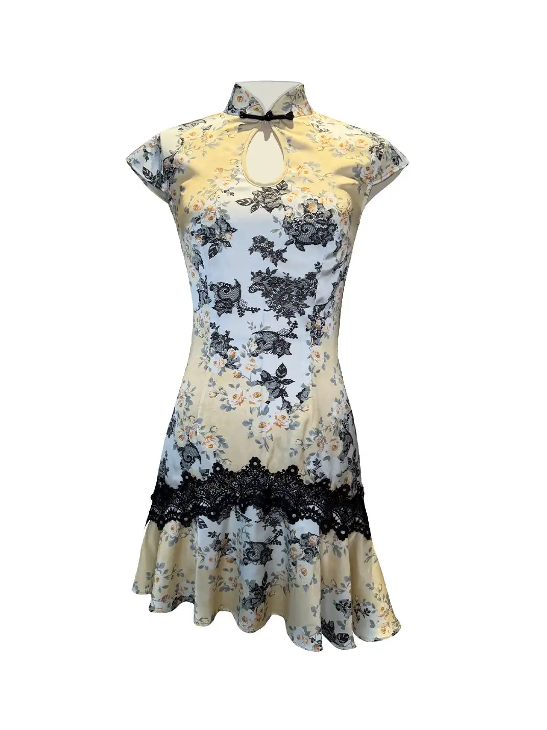 CAPPOW | Satin Floral Print Lace Spliced Dress