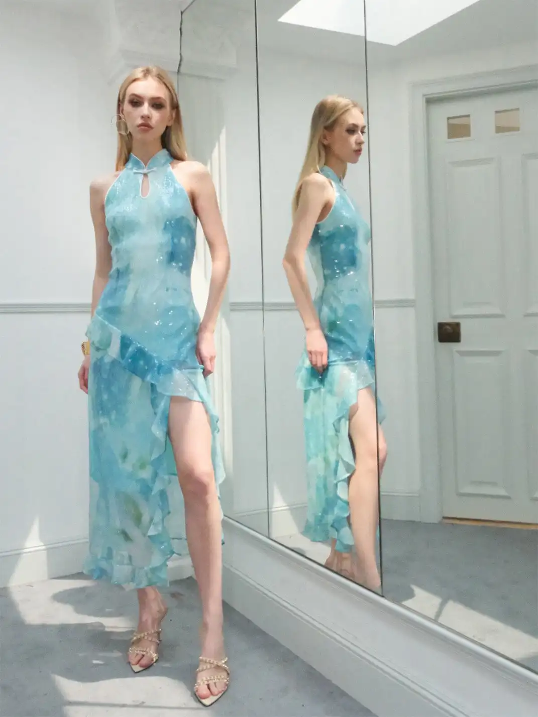 CAPPOW | Mint Sequin Ruffled Cheongsam